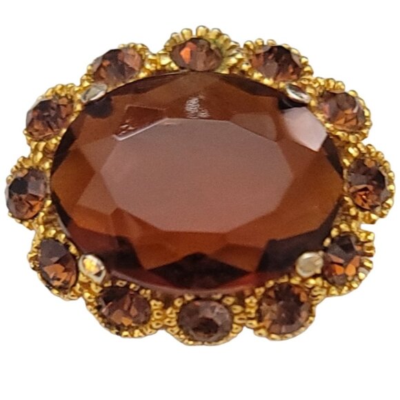 Gold Tone Rhinestone Flower Faceted Topaz Glass Trombone Clasp Cameo Brooch M755 - Picture 1 of 8